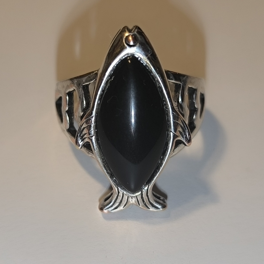 Large Textured Fish Black Onyx Sterling Silver Men Unisex Ring Size 10 - Picture 14 of 17